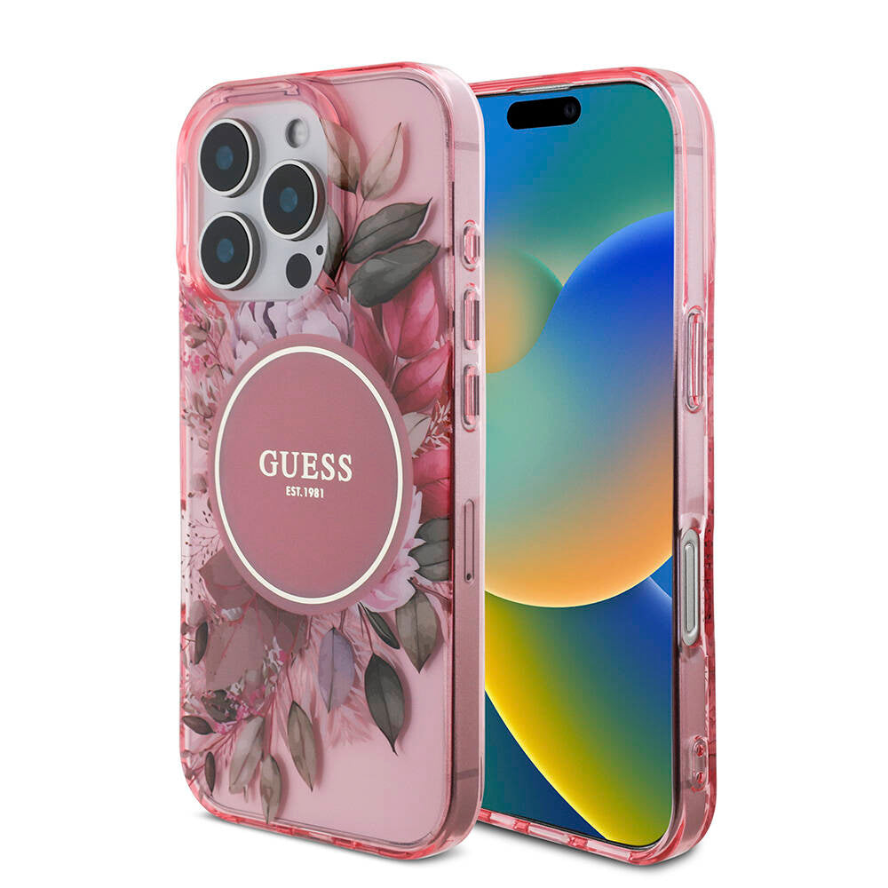 iPhone 16 Pro Max Kılıf Guess Orijinal Lisanslı M-safe Şarj Özellikli IML Baskılı Çiçek İnci Bileklikli Kılıf