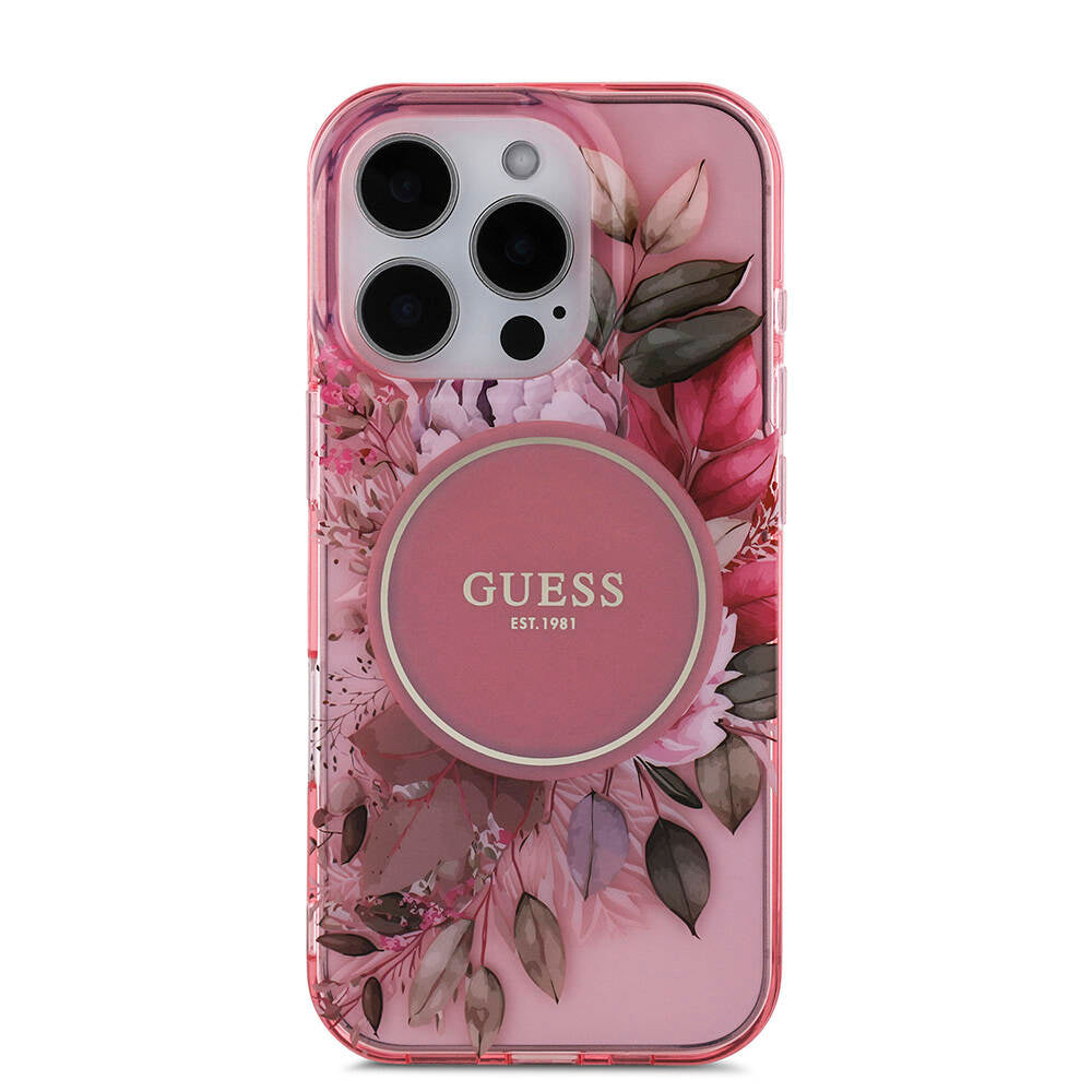 iPhone 16 Pro Max Kılıf Guess Orijinal Lisanslı M-safe Şarj Özellikli IML Baskılı Çiçek İnci Bileklikli Kılıf