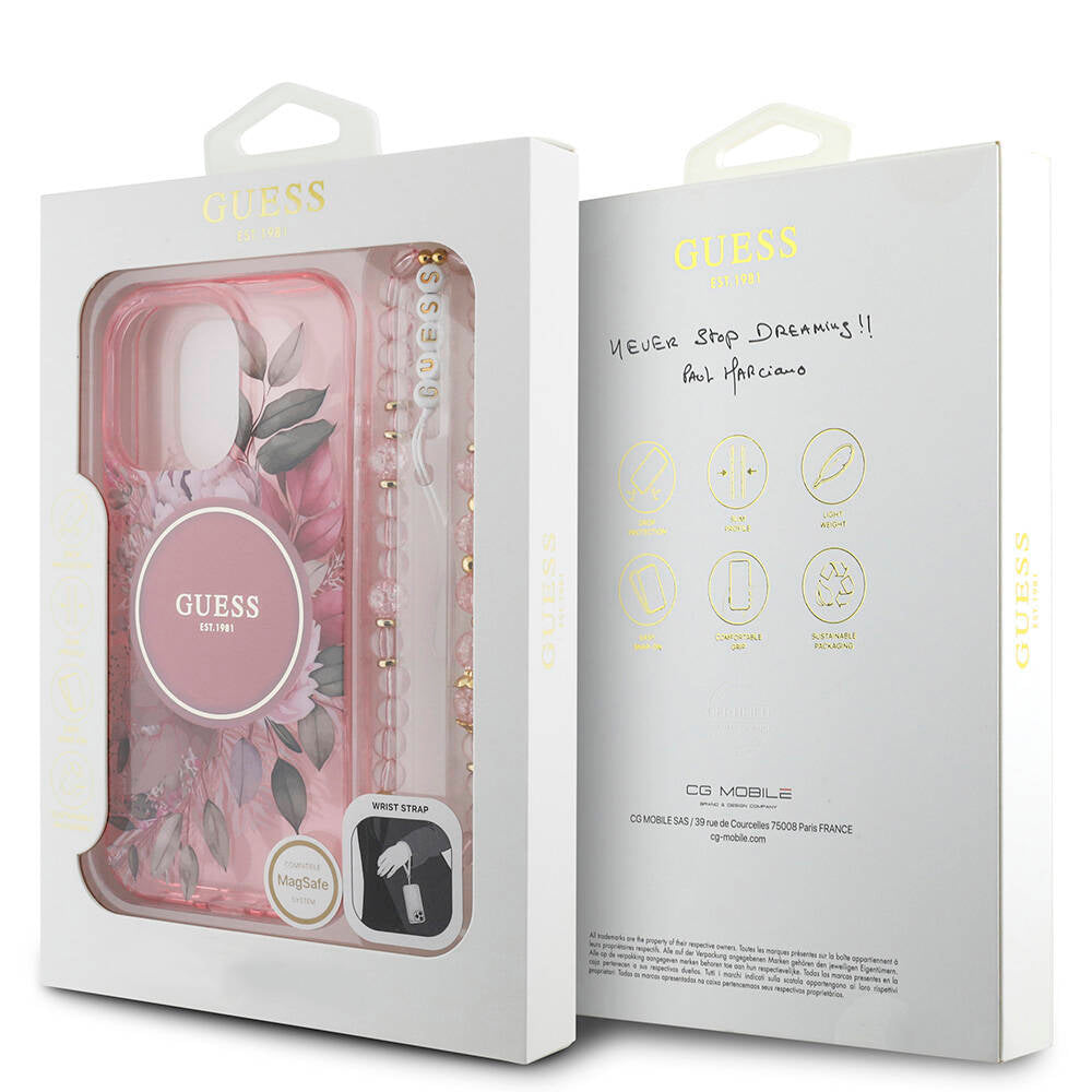 iPhone 16 Pro Max Kılıf Guess Orijinal Lisanslı M-safe Şarj Özellikli IML Baskılı Çiçek İnci Bileklikli Kılıf