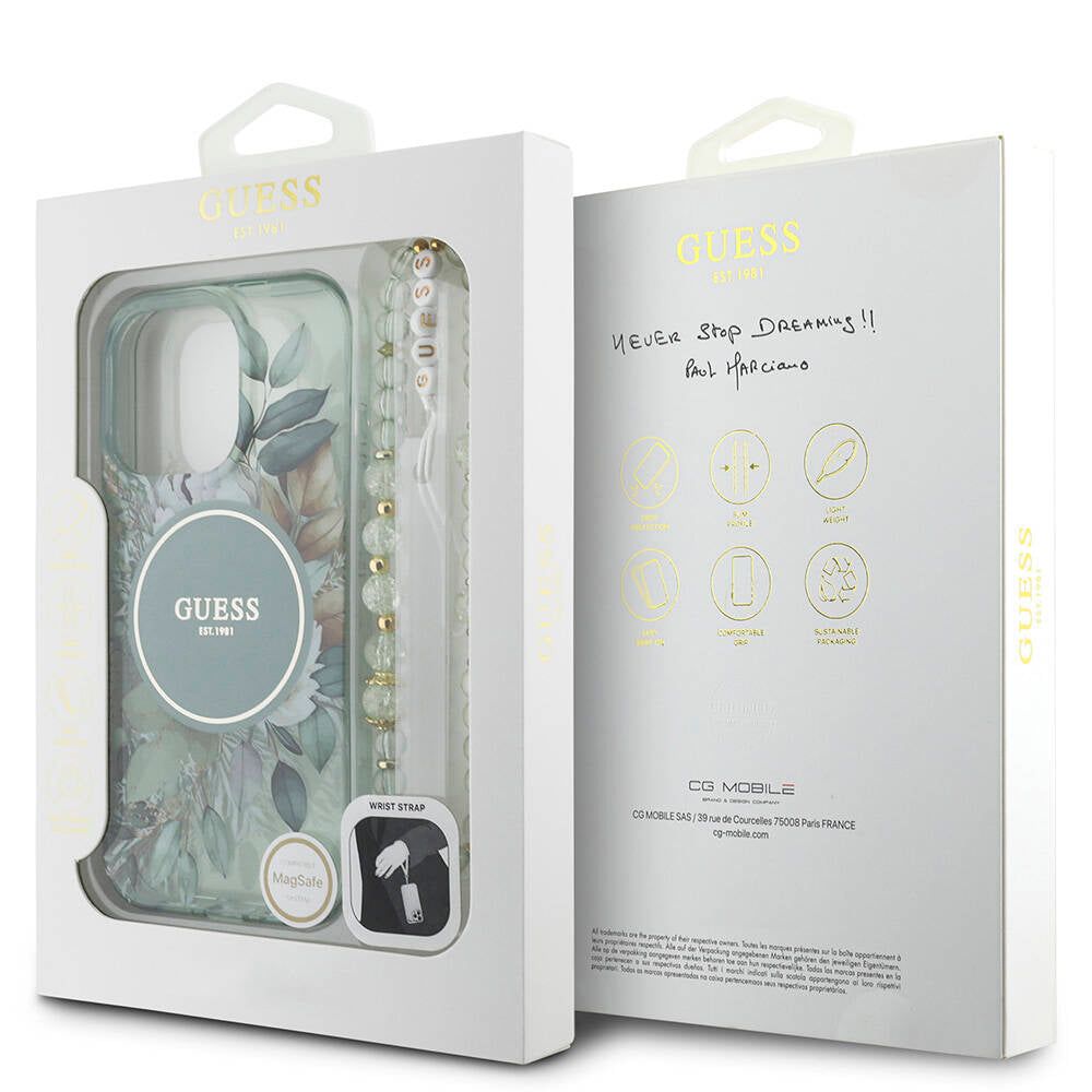 iPhone 16 Pro Max Kılıf Guess Orijinal Lisanslı M-safe Şarj Özellikli IML Baskılı Çiçek İnci Bileklikli Kılıf