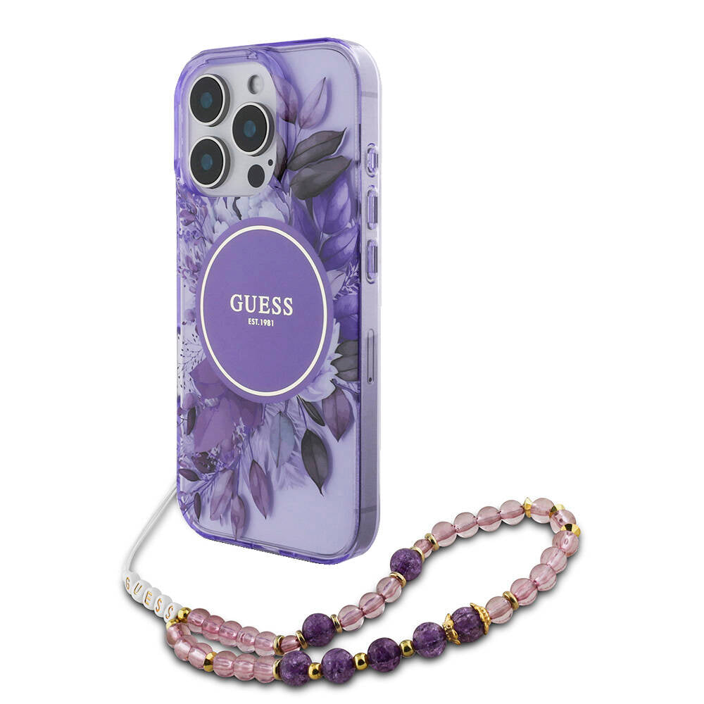 iPhone 16 Pro Max Kılıf Guess Orijinal Lisanslı M-safe Şarj Özellikli IML Baskılı Çiçek İnci Bileklikli Kılıf