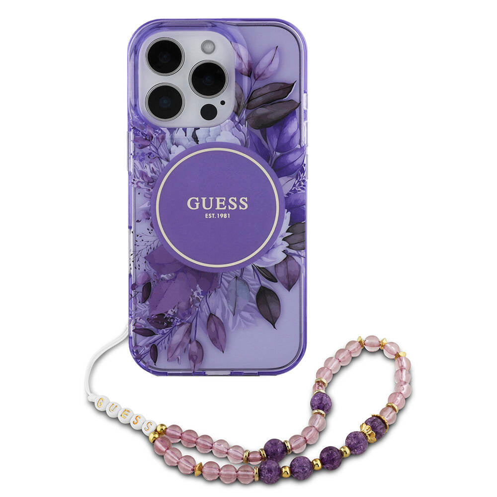 iPhone 16 Pro Max Kılıf Guess Orijinal Lisanslı M-safe Şarj Özellikli IML Baskılı Çiçek İnci Bileklikli Kılıf