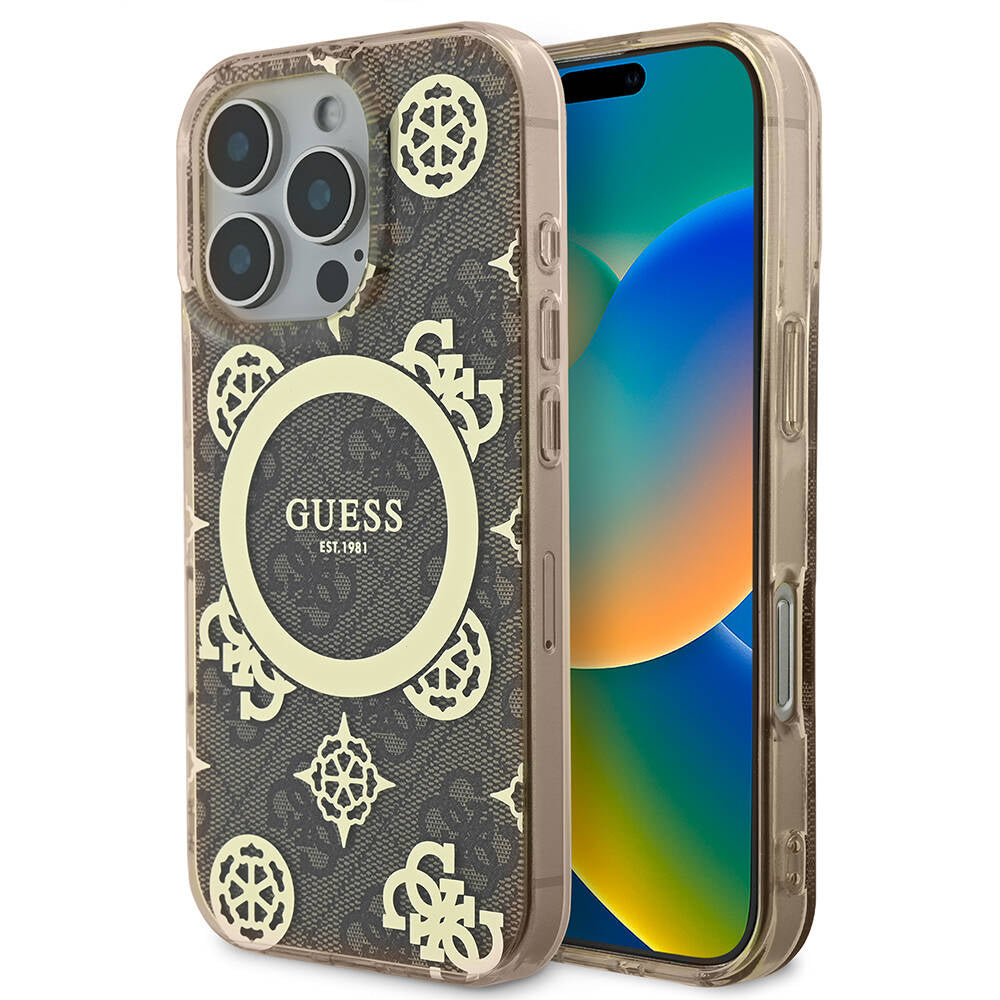 iPhone 16 Pro Max Kılıf Guess Orijinal Lisanslı M-safe Şarj Özellikli IML Peony ve 4G Desenli Klasik Logolu Kılıf