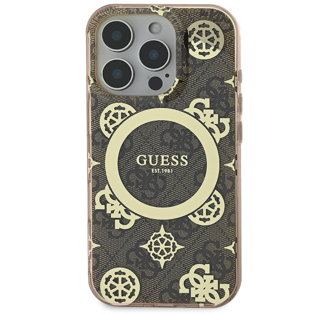 iPhone 16 Pro Max Kılıf Guess Orijinal Lisanslı M-safe Şarj Özellikli IML Peony ve 4G Desenli Klasik Logolu Kılıf