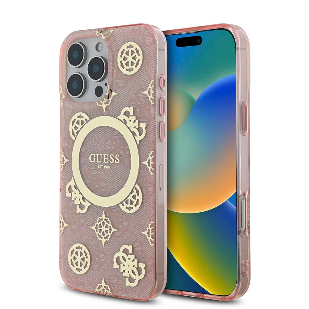 iPhone 16 Pro Max Kılıf Guess Orijinal Lisanslı M-safe Şarj Özellikli IML Peony ve 4G Desenli Klasik Logolu Kılıf