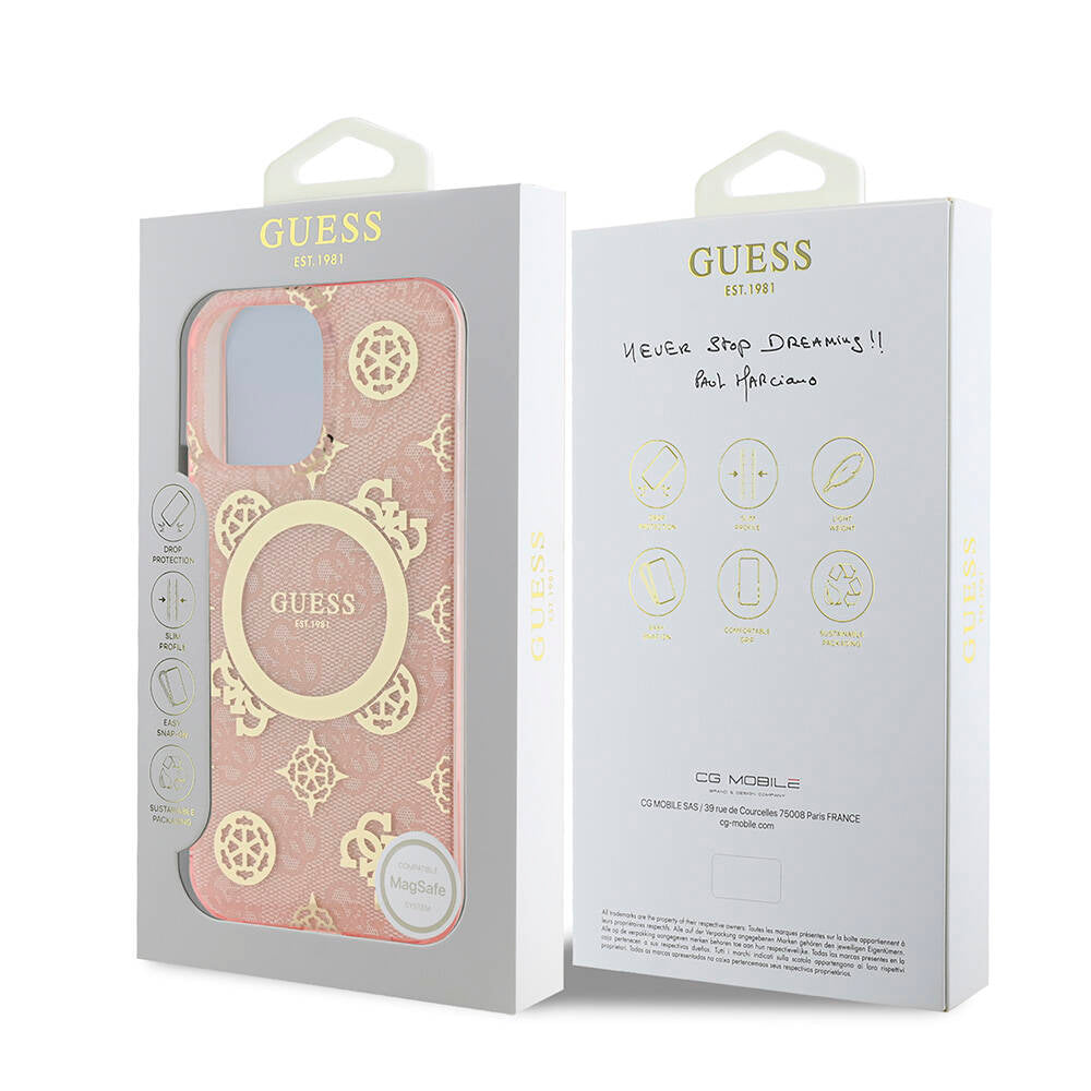 iPhone 16 Pro Max Kılıf Guess Orijinal Lisanslı M-safe Şarj Özellikli IML Peony ve 4G Desenli Klasik Logolu Kılıf