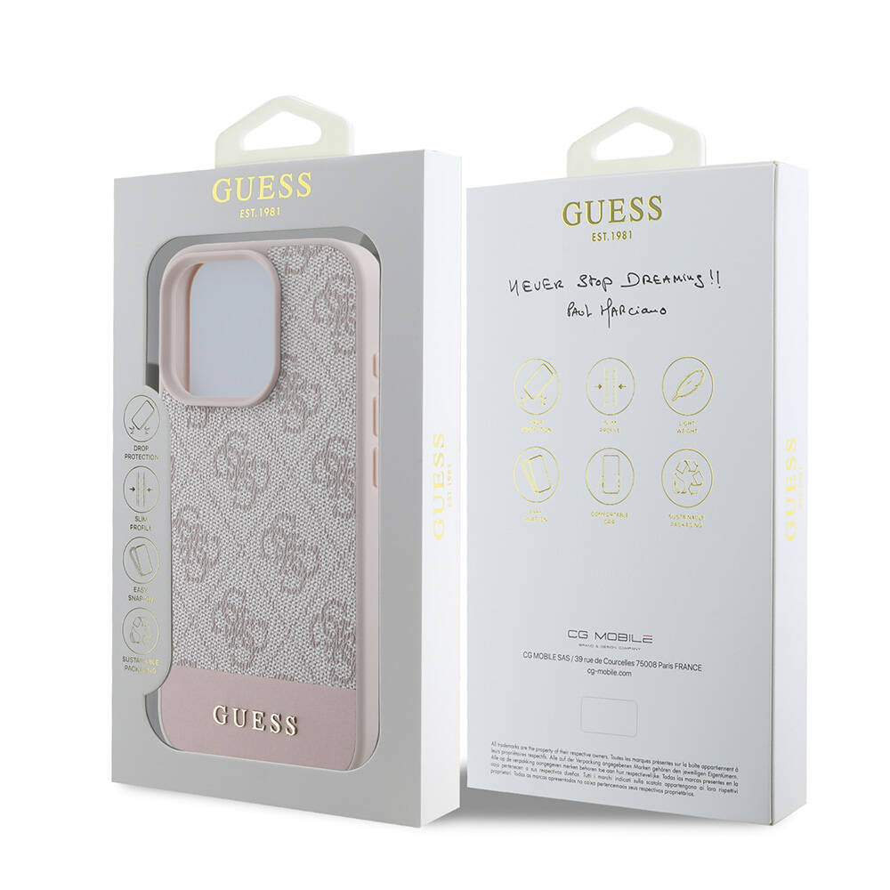 iPhone 16 Pro Max Kılıf Guess Orijinal Lisanslı M-safe Şarj Özellikli PU Deri Şerit Logo Dizaynlı Kılıf