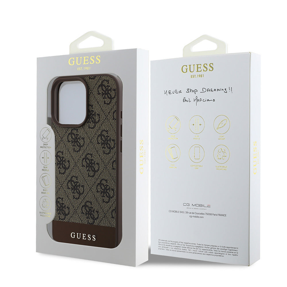 iPhone 16 Pro Max Kılıf Guess Orijinal Lisanslı M-safe Şarj Özellikli PU Deri Şerit Logo Dizaynlı Kılıf