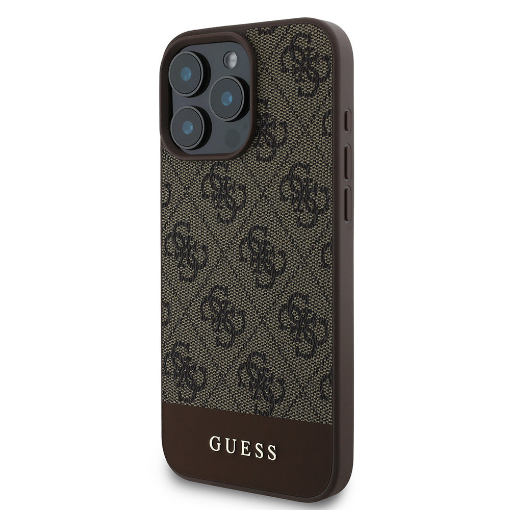 iPhone 16 Pro Max Kılıf Guess Orijinal Lisanslı M-safe Şarj Özellikli PU Deri Şerit Logo Dizaynlı Kılıf