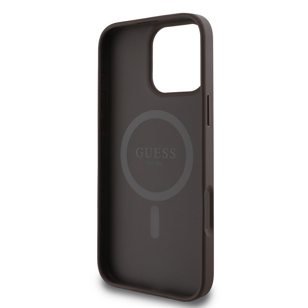 iPhone 16 Pro Max Kılıf Guess Orijinal Lisanslı M-safe Şarj Özellikli PU Deri Şerit Logo Dizaynlı Kılıf