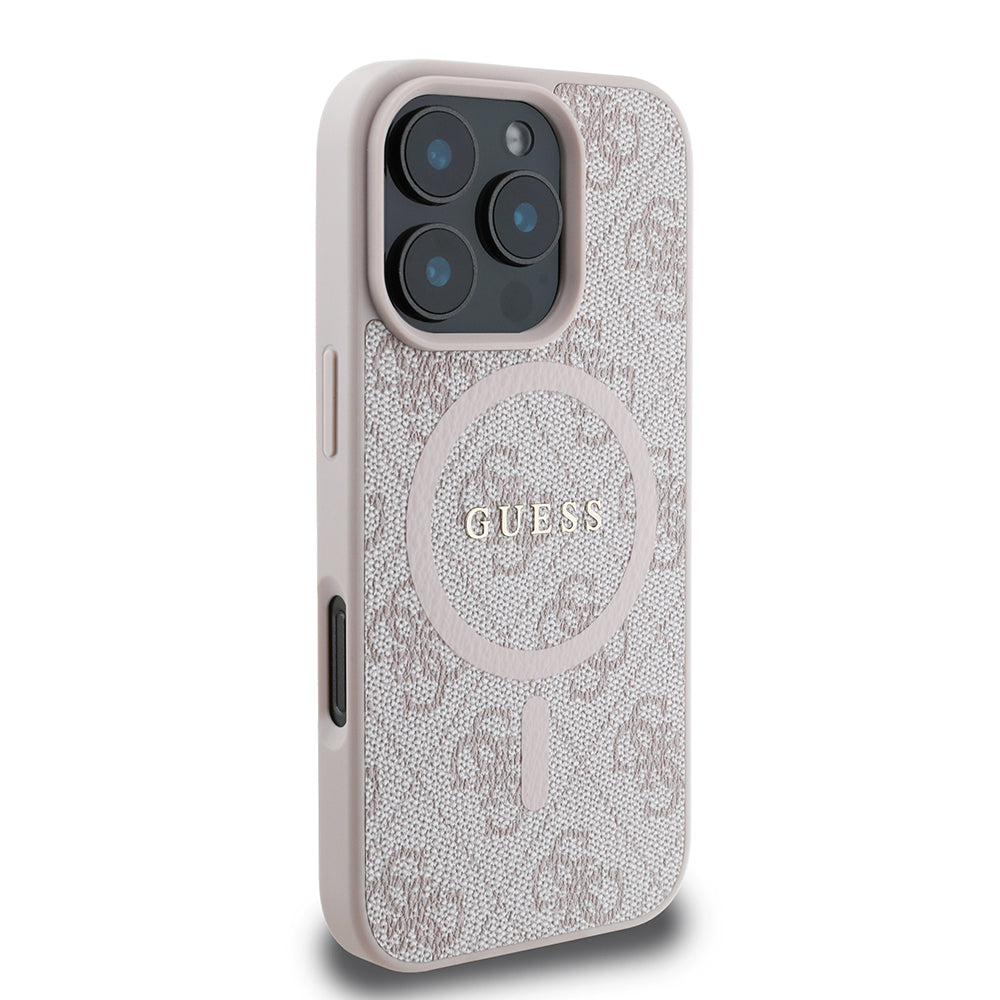 iPhone 16 Pro Max Kılıf Guess Orijinal Lisanslı M-safe Şarj Özellikli PU Halkalı 4G Desenli Yazı Logolu Kılıf