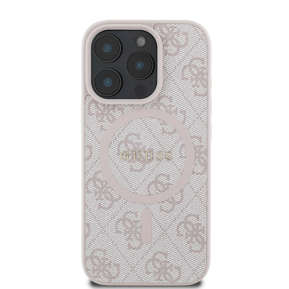 iPhone 16 Pro Max Kılıf Guess Orijinal Lisanslı M-safe Şarj Özellikli PU Halkalı 4G Desenli Yazı Logolu Kılıf