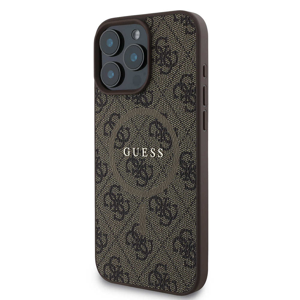 iPhone 16 Pro Max Kılıf Guess Orijinal Lisanslı M-safe Şarj Özellikli PU Halkalı 4G Desenli Yazı Logolu Kılıf