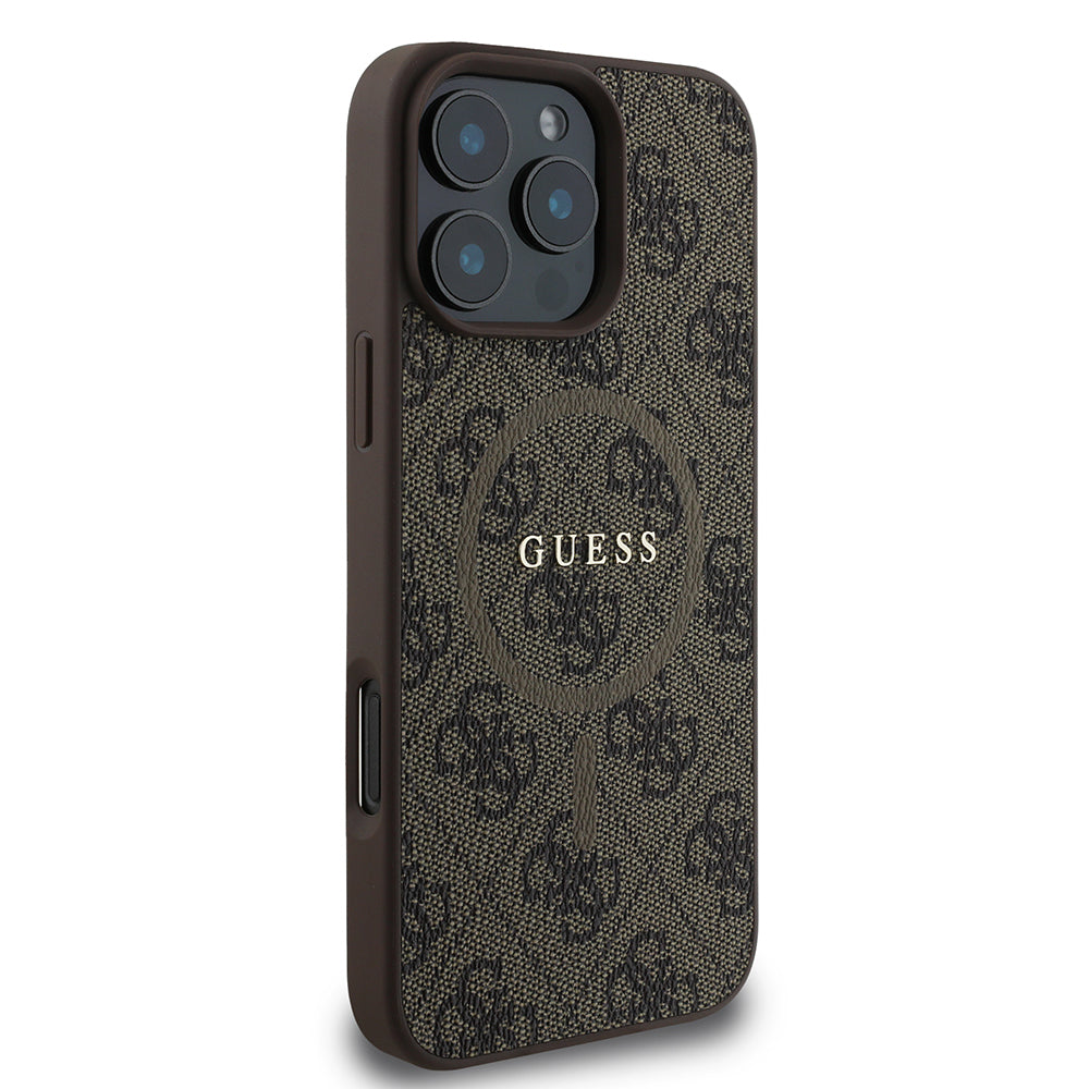 iPhone 16 Pro Max Kılıf Guess Orijinal Lisanslı M-safe Şarj Özellikli PU Halkalı 4G Desenli Yazı Logolu Kılıf