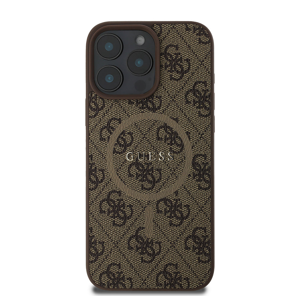 iPhone 16 Pro Max Kılıf Guess Orijinal Lisanslı M-safe Şarj Özellikli PU Halkalı 4G Desenli Yazı Logolu Kılıf