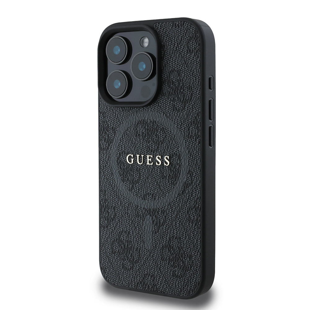 iPhone 16 Pro Max Kılıf Guess Orijinal Lisanslı M-safe Şarj Özellikli PU Halkalı 4G Desenli Yazı Logolu Kılıf