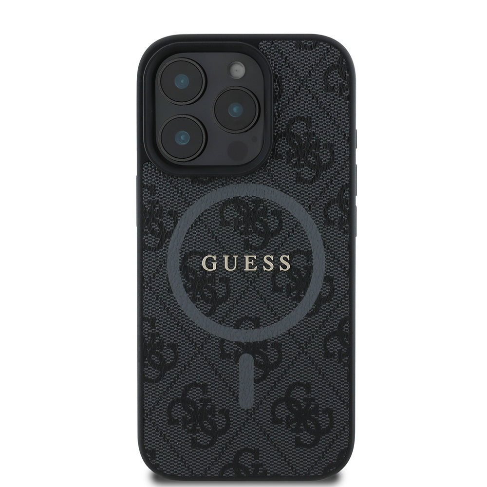 iPhone 16 Pro Max Kılıf Guess Orijinal Lisanslı M-safe Şarj Özellikli PU Halkalı 4G Desenli Yazı Logolu Kılıf