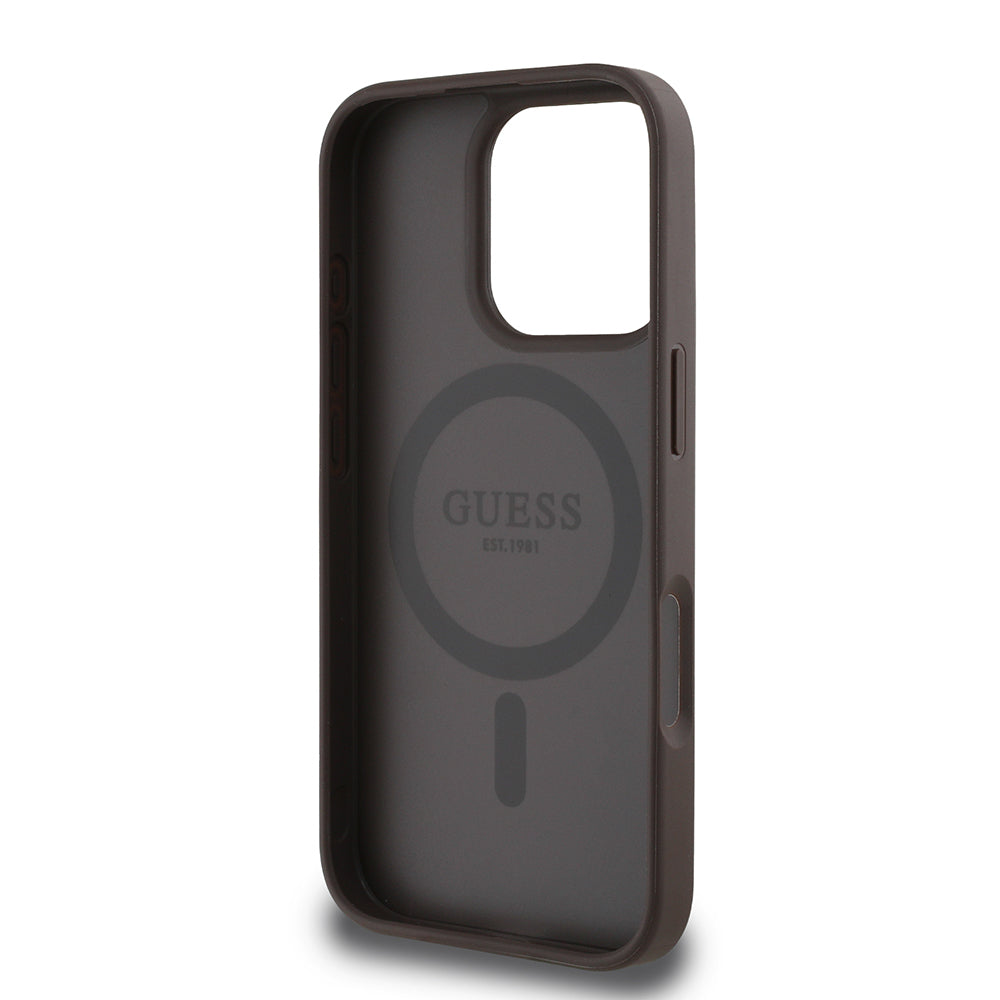 iPhone 16 Pro Max Kılıf Guess Orijinal Lisanslı M-safe Şarj Özellikli Sıcak Baskılı Üçgen Logolu PU Deri Peony Kılıf