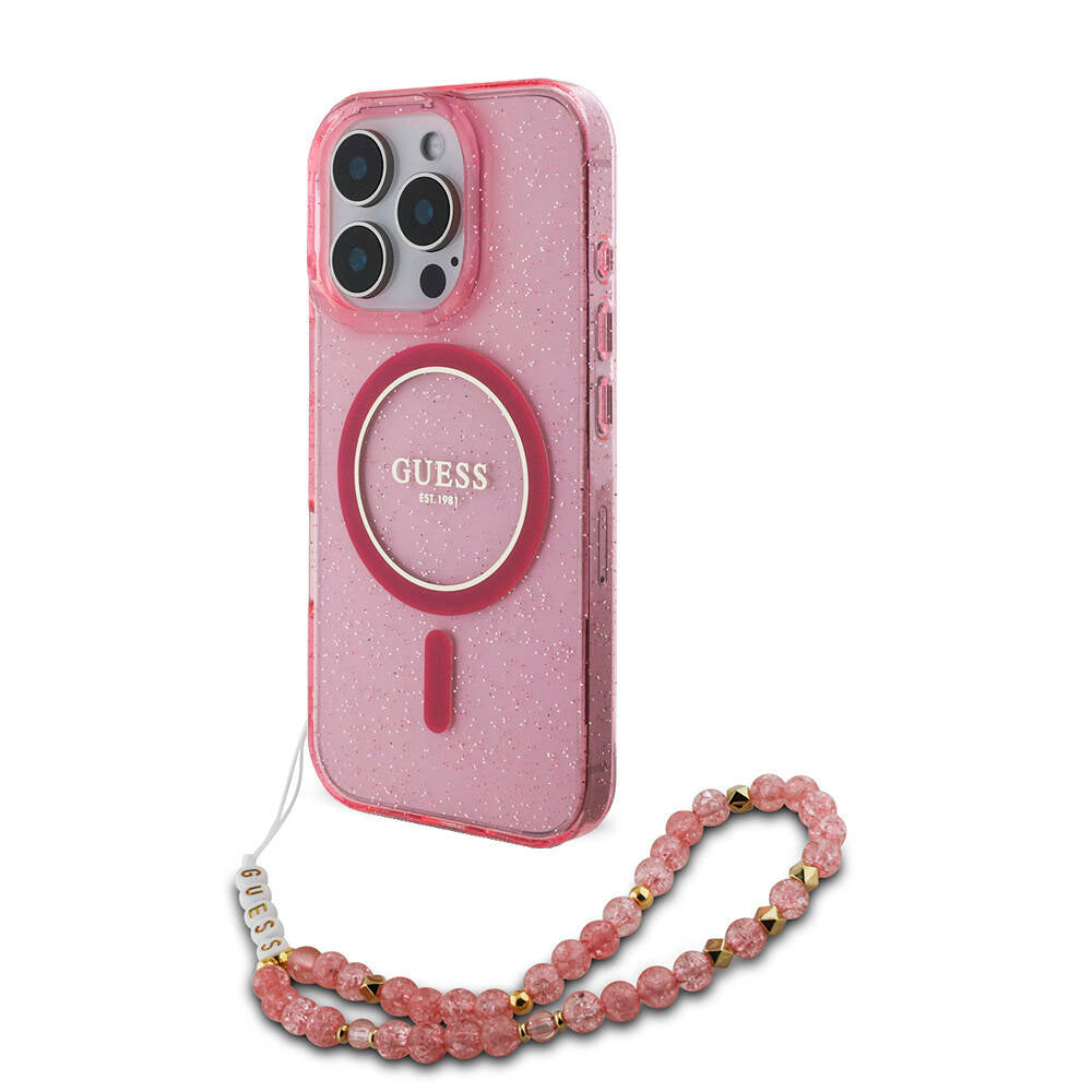 iPhone 16 Pro Max Kılıf Guess Orijinal Lisanslı M-safe Şarj Özellikli Simli Silikon İnci Bileklikli Kılıf