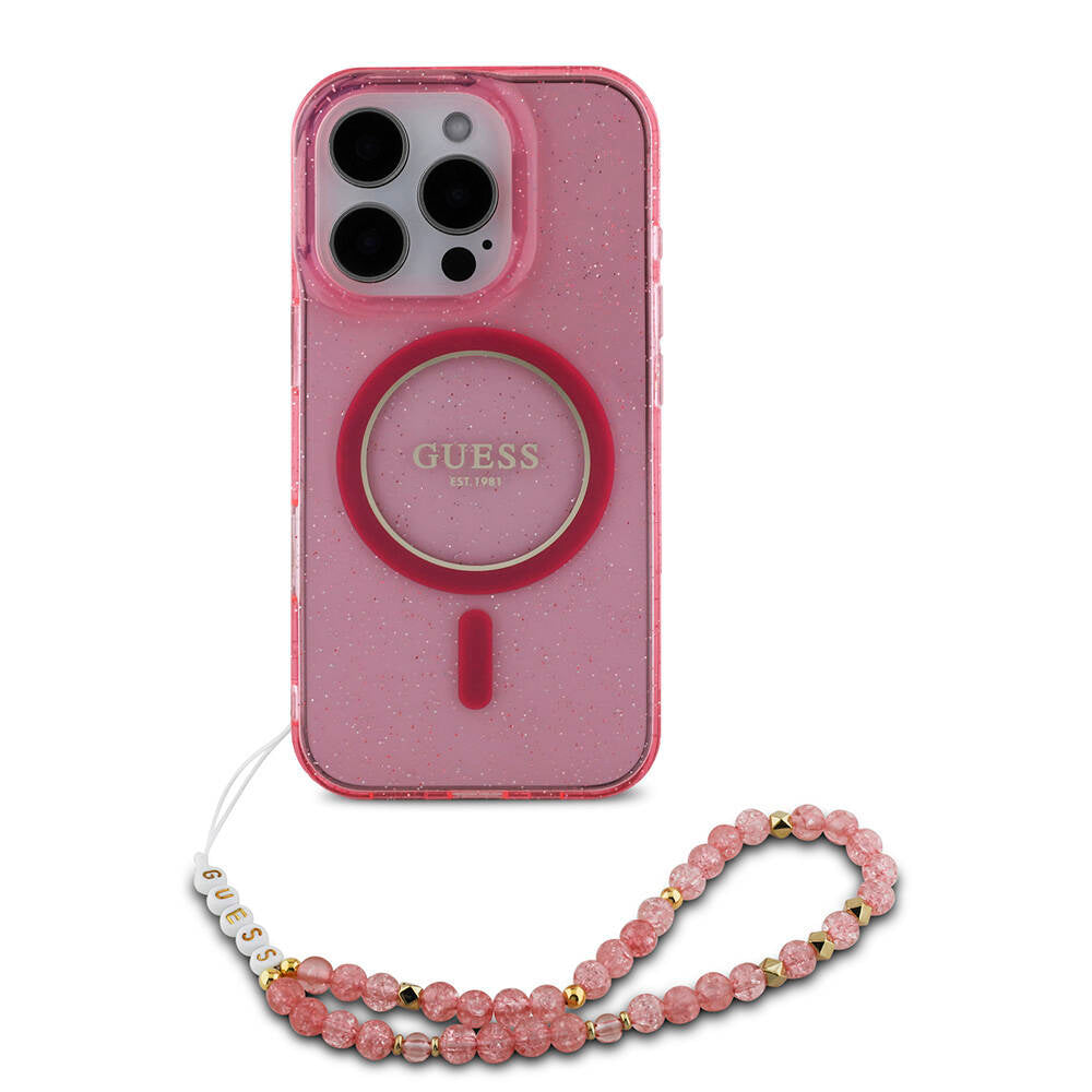 iPhone 16 Pro Max Kılıf Guess Orijinal Lisanslı M-safe Şarj Özellikli Simli Silikon İnci Bileklikli Kılıf