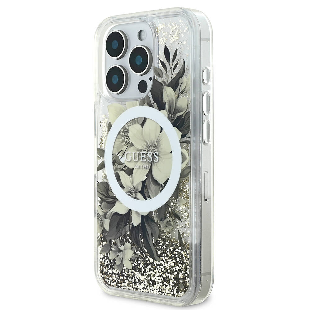 iPhone 16 Pro Max Kılıf Guess Orijinal Lisanslı M-safe Şarj Özellikli Sıvılı Simli Çiçek Desenli Kılıf