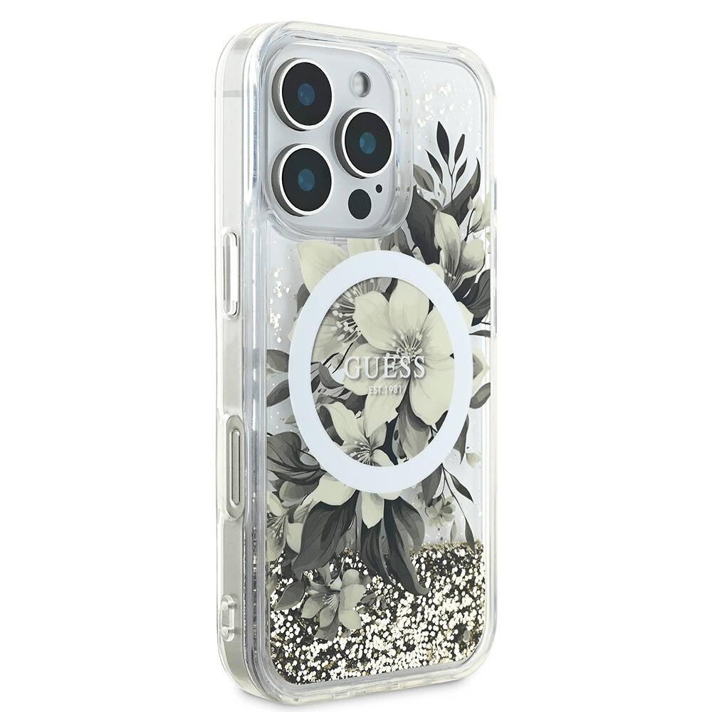 iPhone 16 Pro Max Kılıf Guess Orijinal Lisanslı M-safe Şarj Özellikli Sıvılı Simli Çiçek Desenli Kılıf