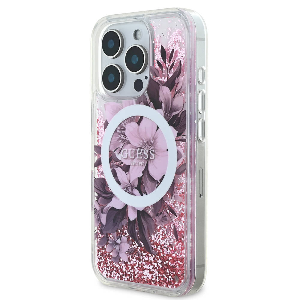iPhone 16 Pro Max Kılıf Guess Orijinal Lisanslı M-safe Şarj Özellikli Sıvılı Simli Çiçek Desenli Kılıf