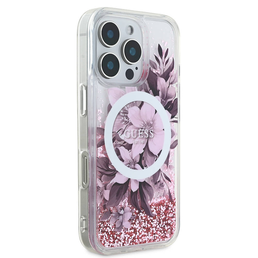iPhone 16 Pro Max Kılıf Guess Orijinal Lisanslı M-safe Şarj Özellikli Sıvılı Simli Çiçek Desenli Kılıf