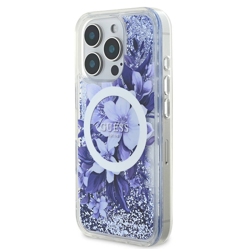 iPhone 16 Pro Max Kılıf Guess Orijinal Lisanslı M-safe Şarj Özellikli Sıvılı Simli Çiçek Desenli Kılıf