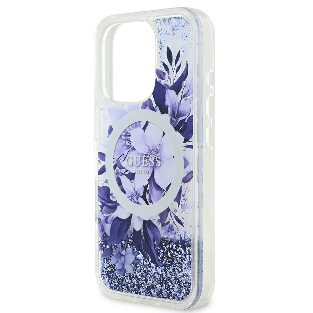 iPhone 16 Pro Max Kılıf Guess Orijinal Lisanslı M-safe Şarj Özellikli Sıvılı Simli Çiçek Desenli Kılıf