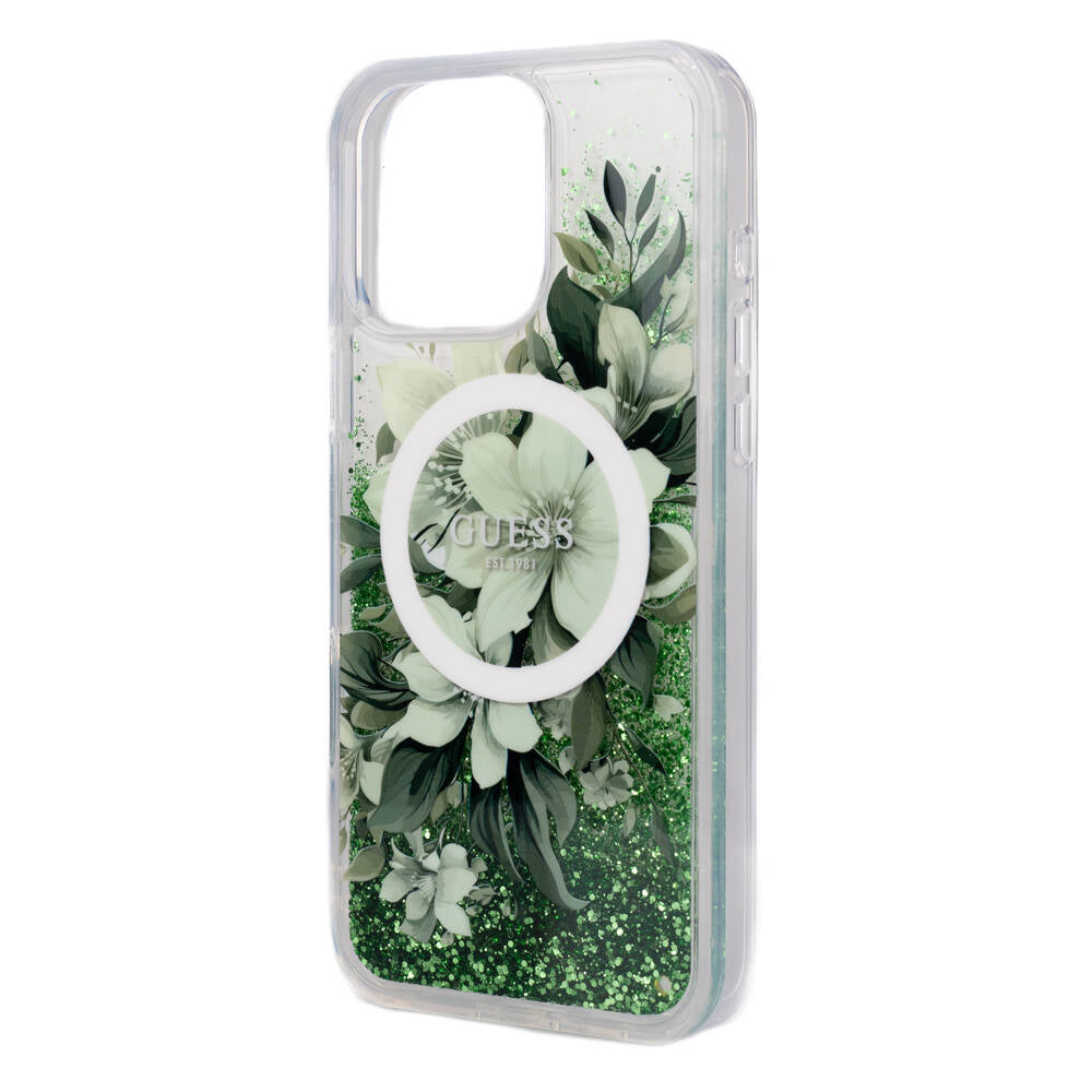 iPhone 16 Pro Max Kılıf Guess Orijinal Lisanslı M-safe Şarj Özellikli Sıvılı Simli Çiçek Desenli Kılıf
