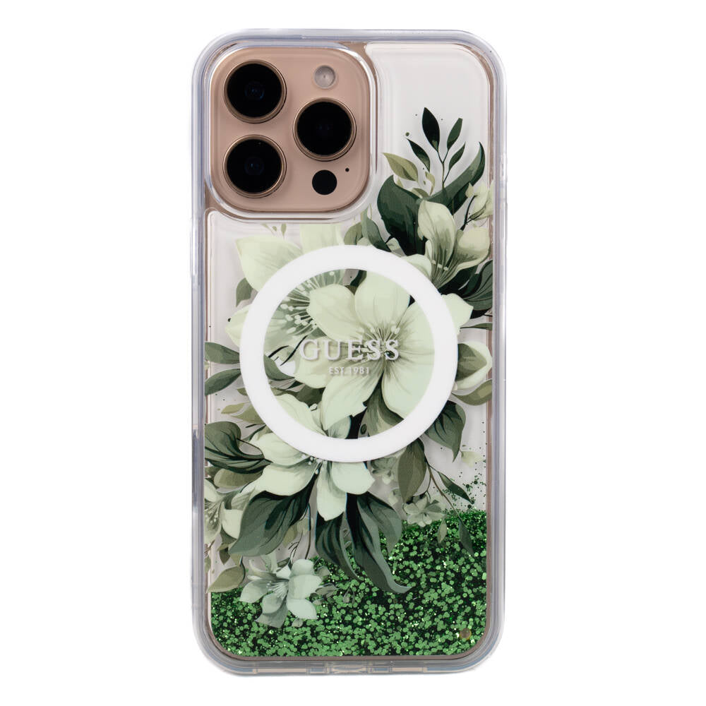 iPhone 16 Pro Max Kılıf Guess Orijinal Lisanslı M-safe Şarj Özellikli Sıvılı Simli Çiçek Desenli Kılıf
