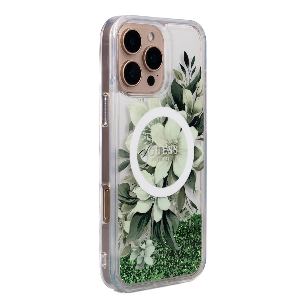 iPhone 16 Pro Max Kılıf Guess Orijinal Lisanslı M-safe Şarj Özellikli Sıvılı Simli Çiçek Desenli Kılıf