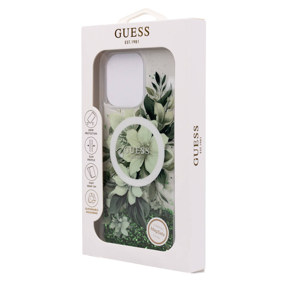 iPhone 16 Pro Max Kılıf Guess Orijinal Lisanslı M-safe Şarj Özellikli Sıvılı Simli Çiçek Desenli Kılıf