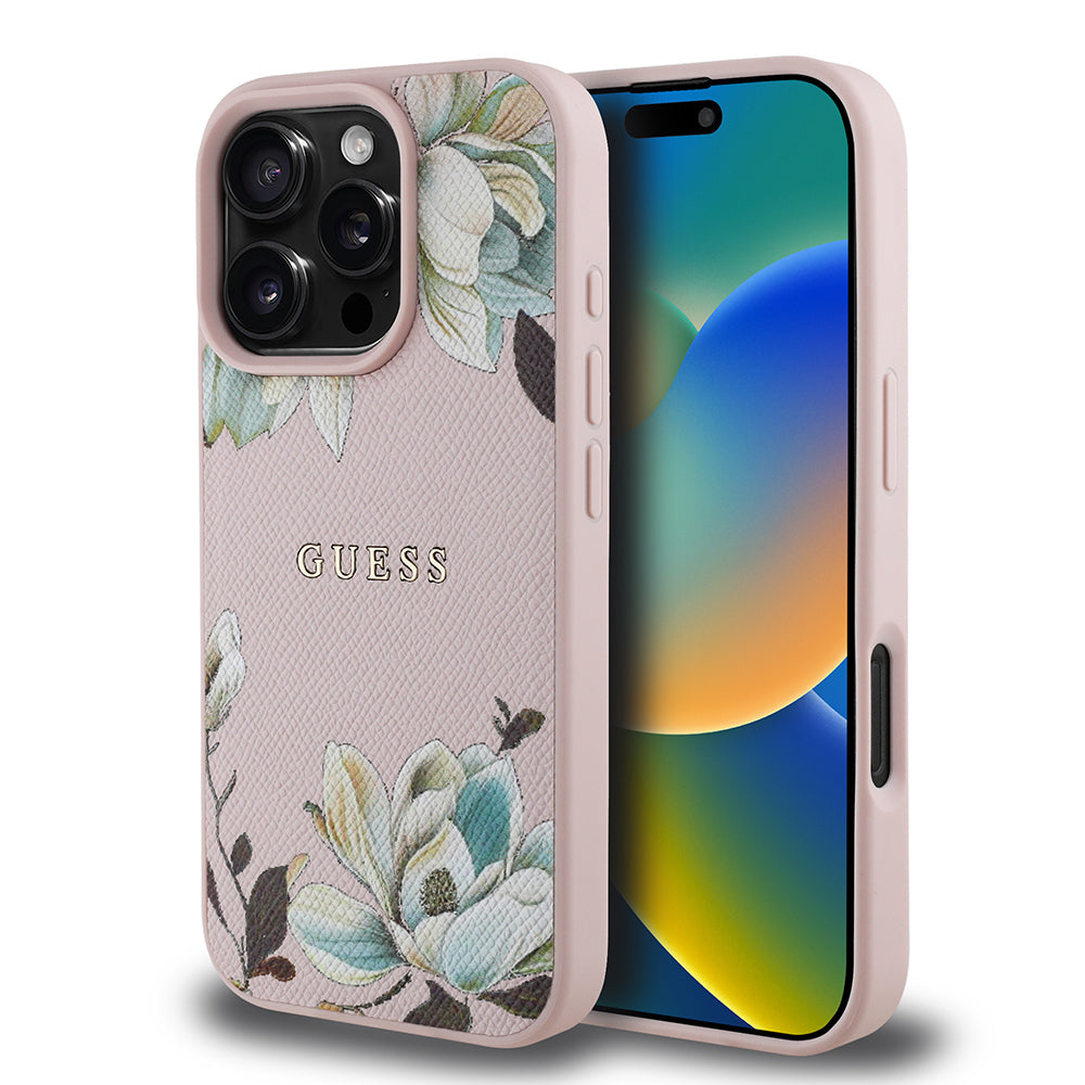iPhone 16 Pro Max Kılıf Guess Orijinal Lisanslı M-safe Şarj Özellikli Taneli Çiçek Tasarımlı Metal Yazı Logolu Kılıf