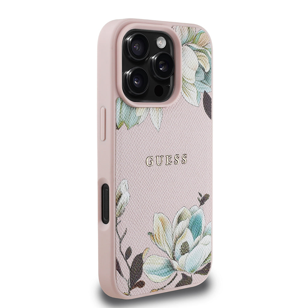 iPhone 16 Pro Max Kılıf Guess Orijinal Lisanslı M-safe Şarj Özellikli Taneli Çiçek Tasarımlı Metal Yazı Logolu Kılıf