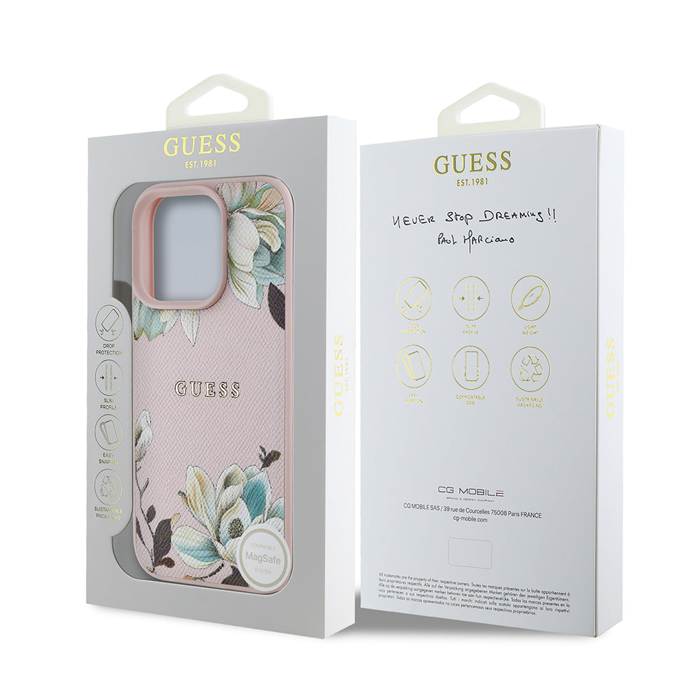 iPhone 16 Pro Max Kılıf Guess Orijinal Lisanslı M-safe Şarj Özellikli Taneli Çiçek Tasarımlı Metal Yazı Logolu Kılıf