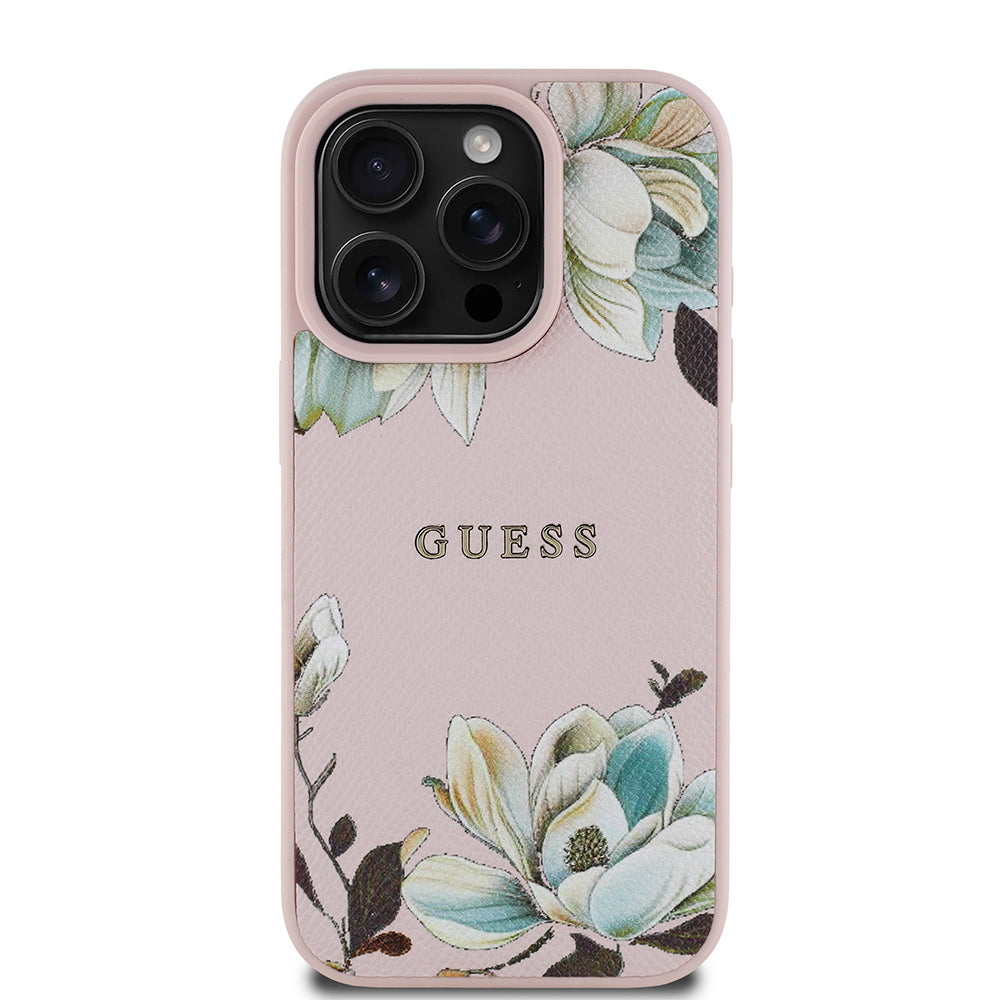 iPhone 16 Pro Max Kılıf Guess Orijinal Lisanslı M-safe Şarj Özellikli Taneli Çiçek Tasarımlı Metal Yazı Logolu Kılıf