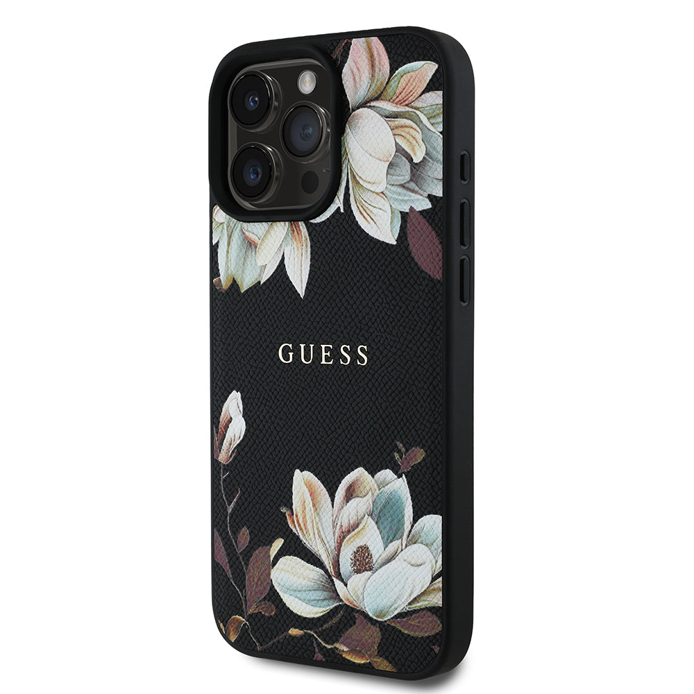 iPhone 16 Pro Max Kılıf Guess Orijinal Lisanslı M-safe Şarj Özellikli Taneli Çiçek Tasarımlı Metal Yazı Logolu Kılıf