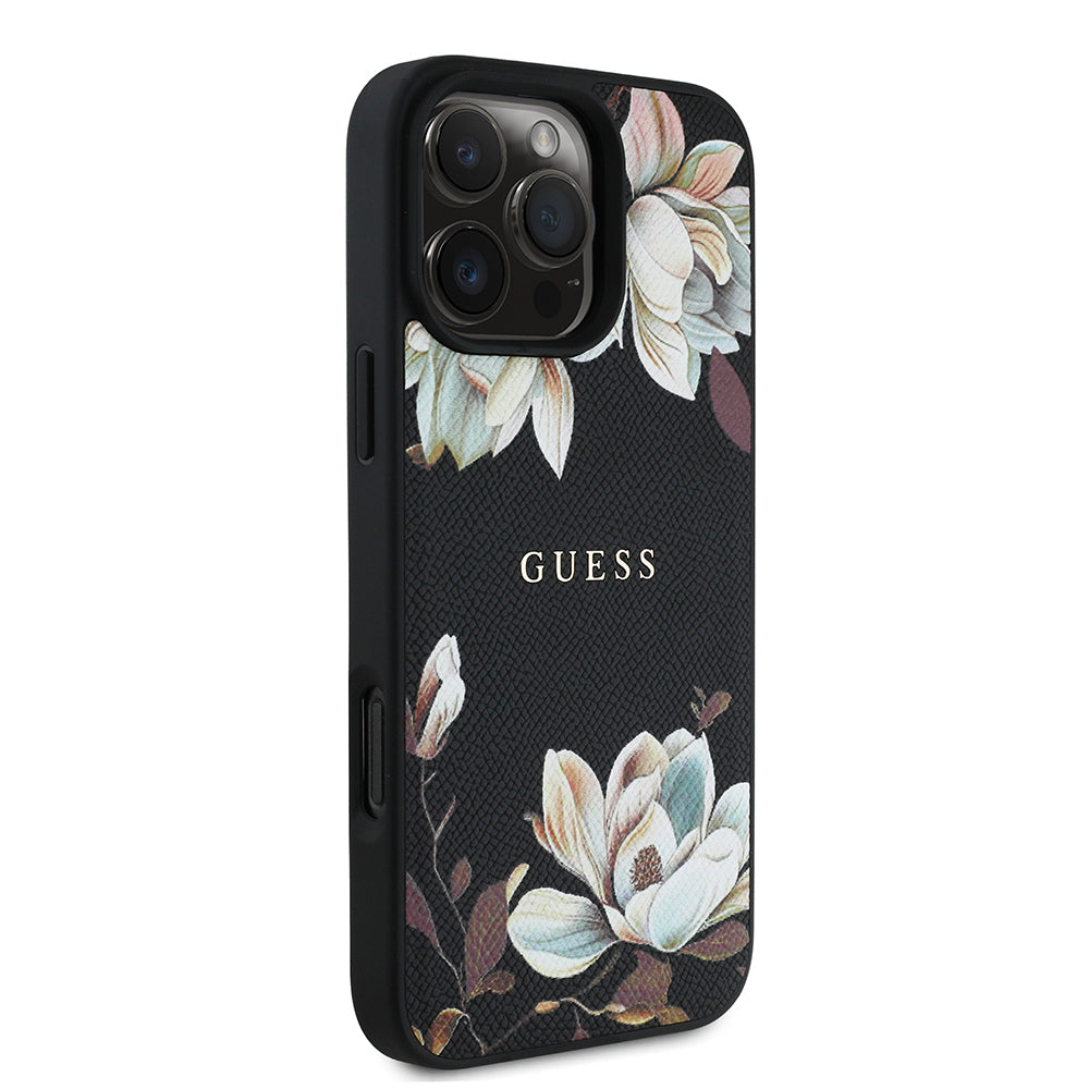 iPhone 16 Pro Max Kılıf Guess Orijinal Lisanslı M-safe Şarj Özellikli Taneli Çiçek Tasarımlı Metal Yazı Logolu Kılıf