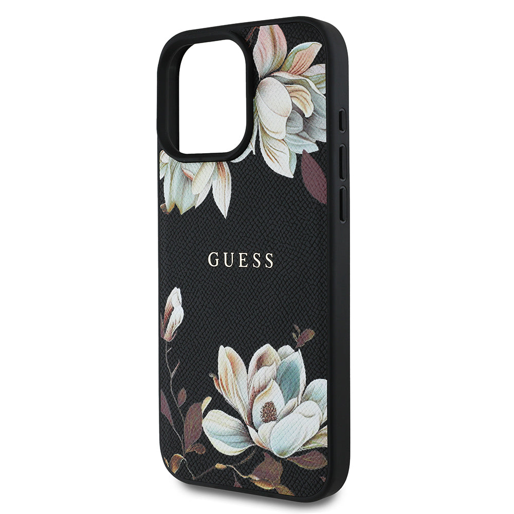 iPhone 16 Pro Max Kılıf Guess Orijinal Lisanslı M-safe Şarj Özellikli Taneli Çiçek Tasarımlı Metal Yazı Logolu Kılıf