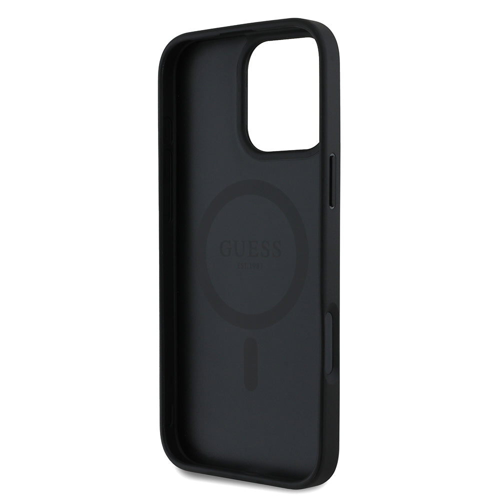 iPhone 16 Pro Max Kılıf Guess Orijinal Lisanslı M-safe Şarj Özellikli Taneli Çiçek Tasarımlı Metal Yazı Logolu Kılıf