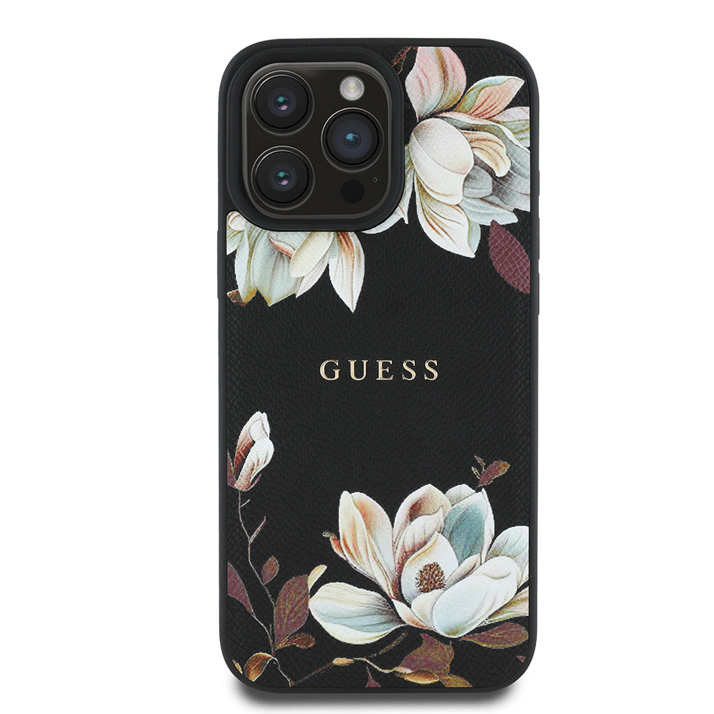 iPhone 16 Pro Max Kılıf Guess Orijinal Lisanslı M-safe Şarj Özellikli Taneli Çiçek Tasarımlı Metal Yazı Logolu Kılıf