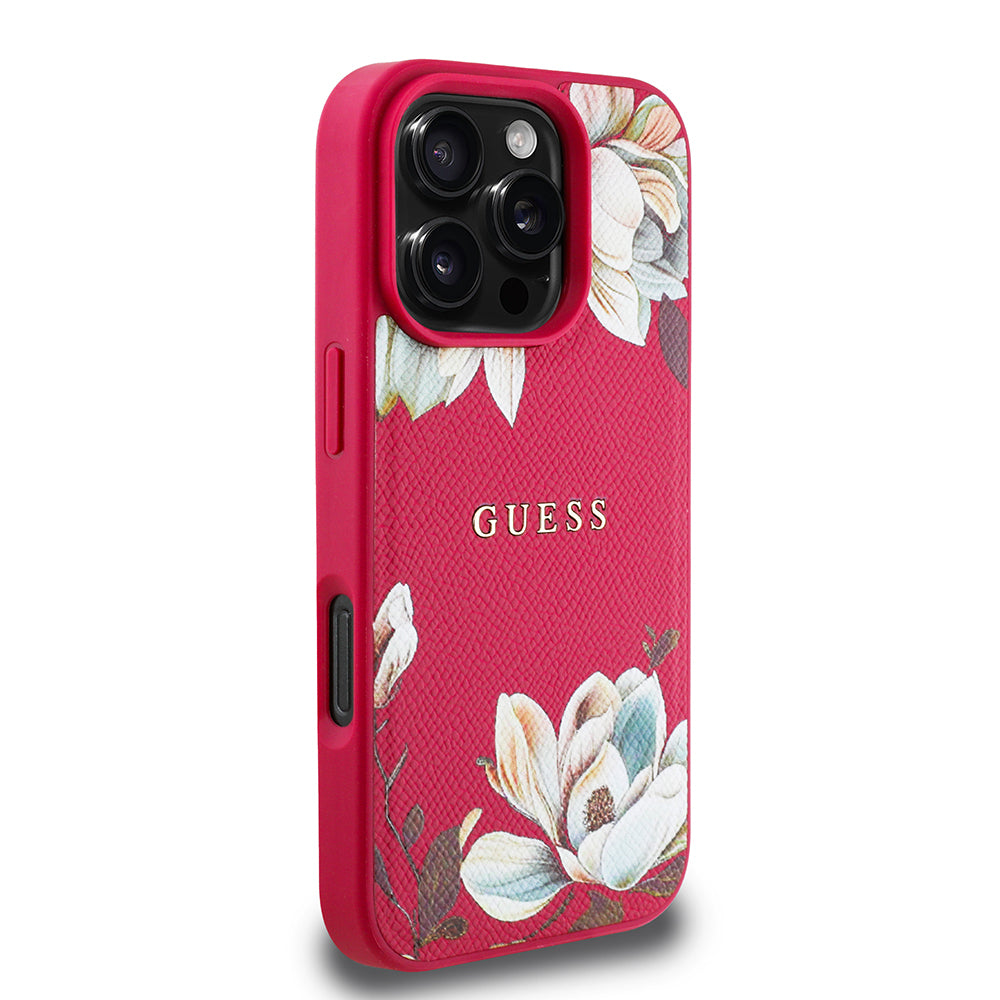 iPhone 16 Pro Max Kılıf Guess Orijinal Lisanslı M-safe Şarj Özellikli Taneli Çiçek Tasarımlı Metal Yazı Logolu Kılıf