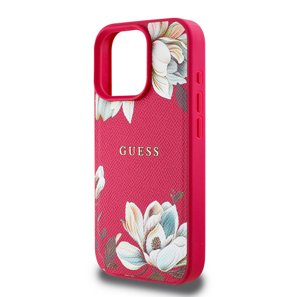 iPhone 16 Pro Max Kılıf Guess Orijinal Lisanslı M-safe Şarj Özellikli Taneli Çiçek Tasarımlı Metal Yazı Logolu Kılıf