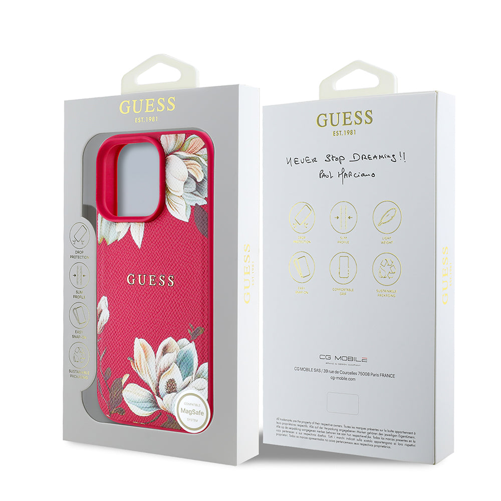 iPhone 16 Pro Max Kılıf Guess Orijinal Lisanslı M-safe Şarj Özellikli Taneli Çiçek Tasarımlı Metal Yazı Logolu Kılıf