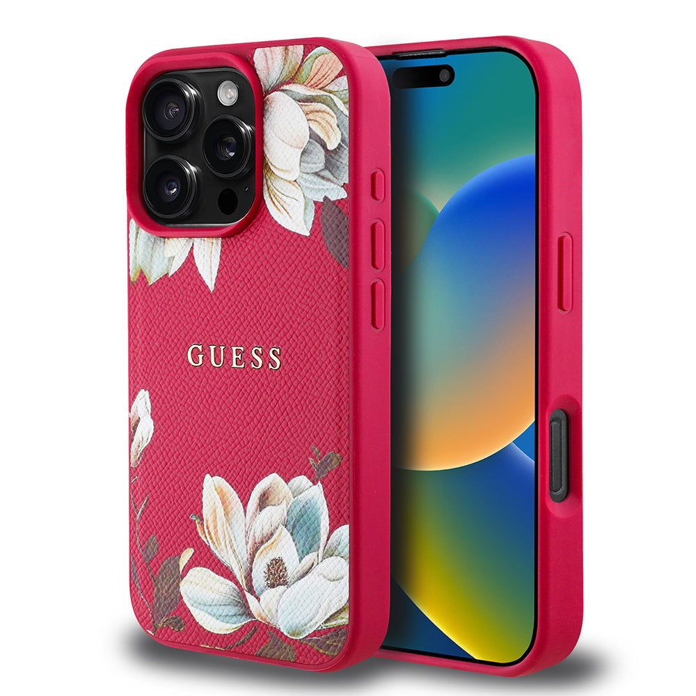 iPhone 16 Pro Max Kılıf Guess Orijinal Lisanslı M-safe Şarj Özellikli Taneli Çiçek Tasarımlı Metal Yazı Logolu Kılıf