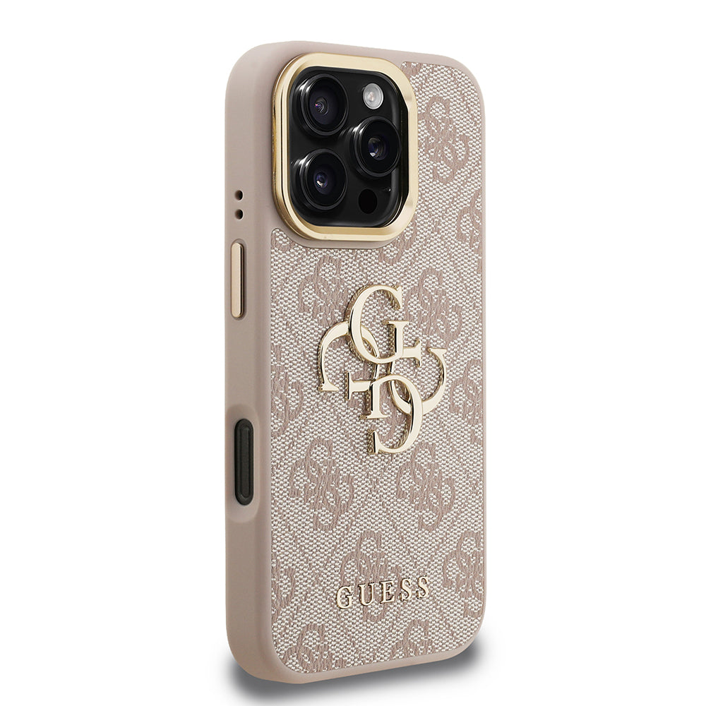 iPhone 16 Pro Max Kılıf Guess Orijinal Lisanslı PU Deri 4G Desenli Metal Büyük 4G ve Yazı Logolu Kamera Standlı Kılıf