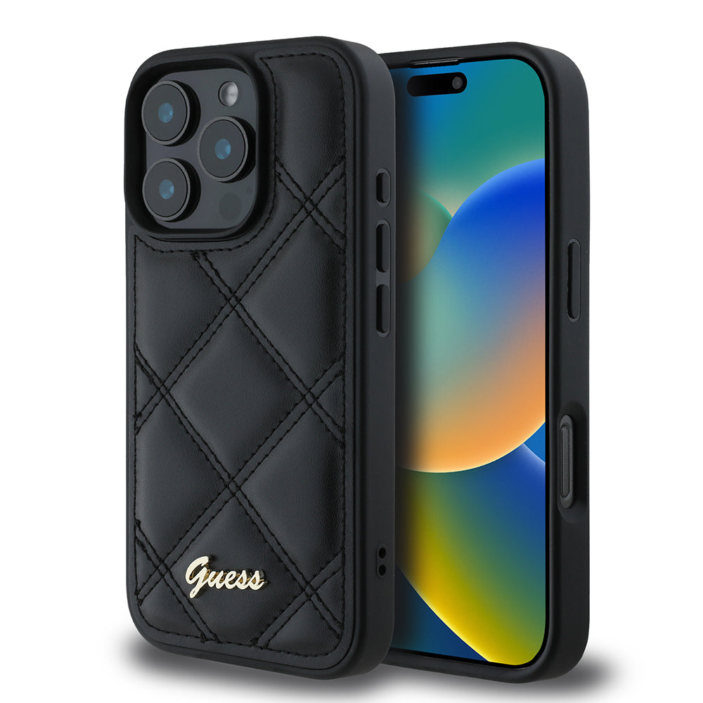 iPhone 16 Pro Max Kılıf Guess Orijinal Lisanslı PU Deri Metal Yazı Logolu Kapitone Kılıf
