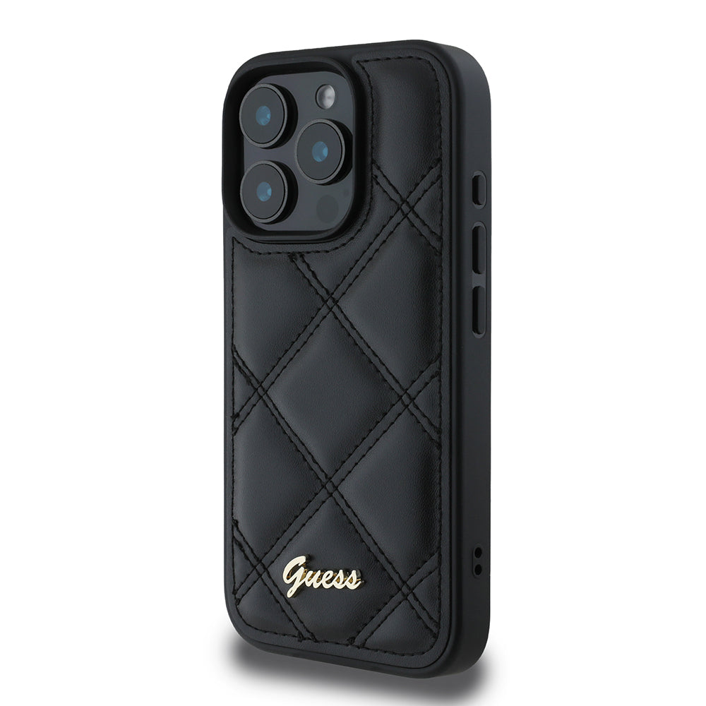 iPhone 16 Pro Max Kılıf Guess Orijinal Lisanslı PU Deri Metal Yazı Logolu Kapitone Kılıf